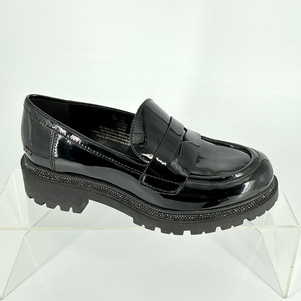 DKNY Size 7.5 Black Patent Platform Lug Sole Penny Loafers Rhinestone CIVELLI